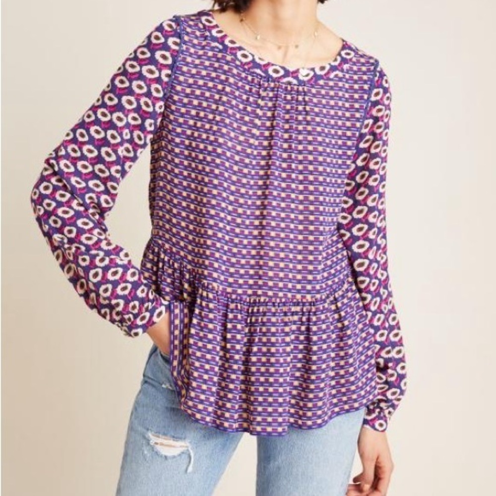 Anthropologie Maeve women’s purple geometric Cheyenne Peplum Blouse Small